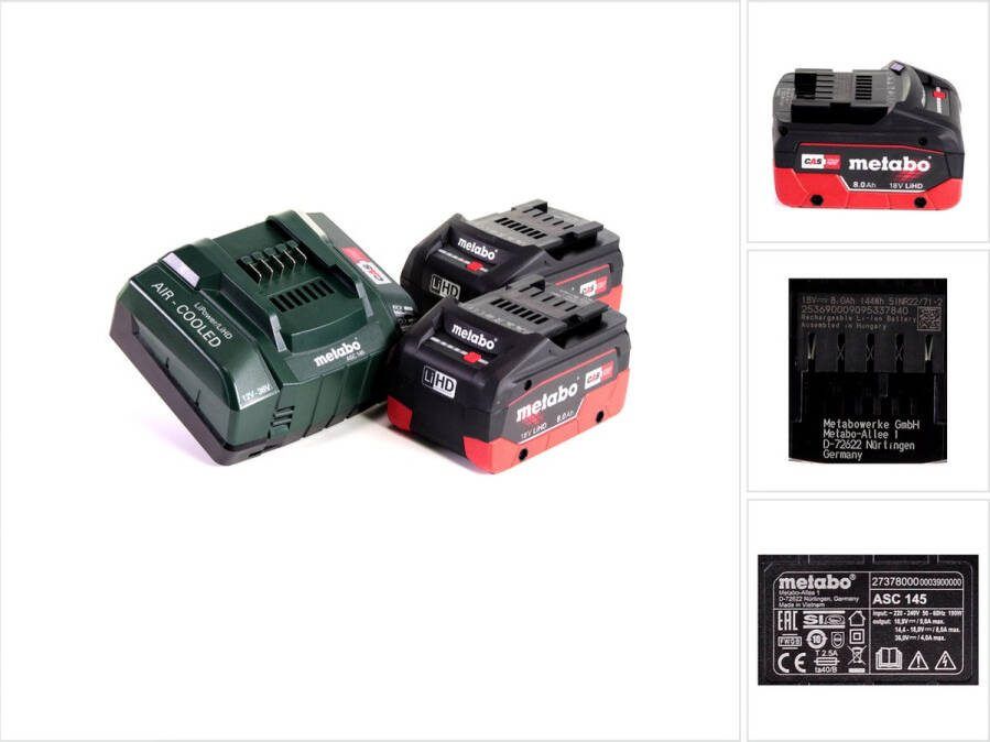 Metabo LiHD 2x accupack 18V 8.0Ah ( 625369000 ) + lader ASC 145 ( 627378000 )