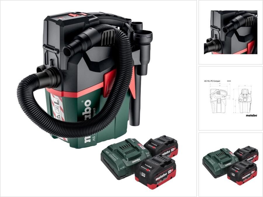 Metabo AS 18 L PC Compact accustofzuiger 18 V 6 l IPX4 stofklasse L nat en droog + 2x oplaadbare accu 5 Ah + lader