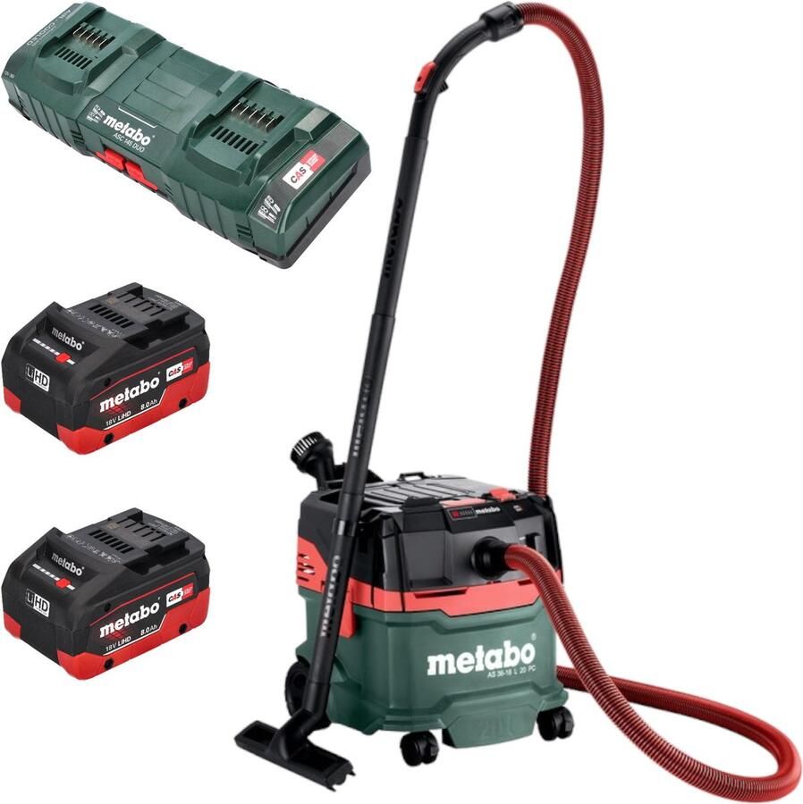 Metabo AS 36 18 L 20 PC snoerloze nat- droogzuiger 36 V ( 2x 18 V ) 20 L + 2x LiHD accu 8.0 Ah + dubbele lader