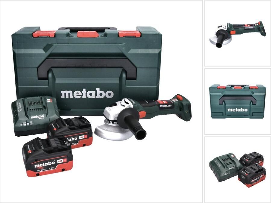 Metabo W 18 LT BL 11-125 accu haakse slijper 18 V 125 mm ( 613052840 ) borstelloos + 2x accu 5 Ah + lader + X