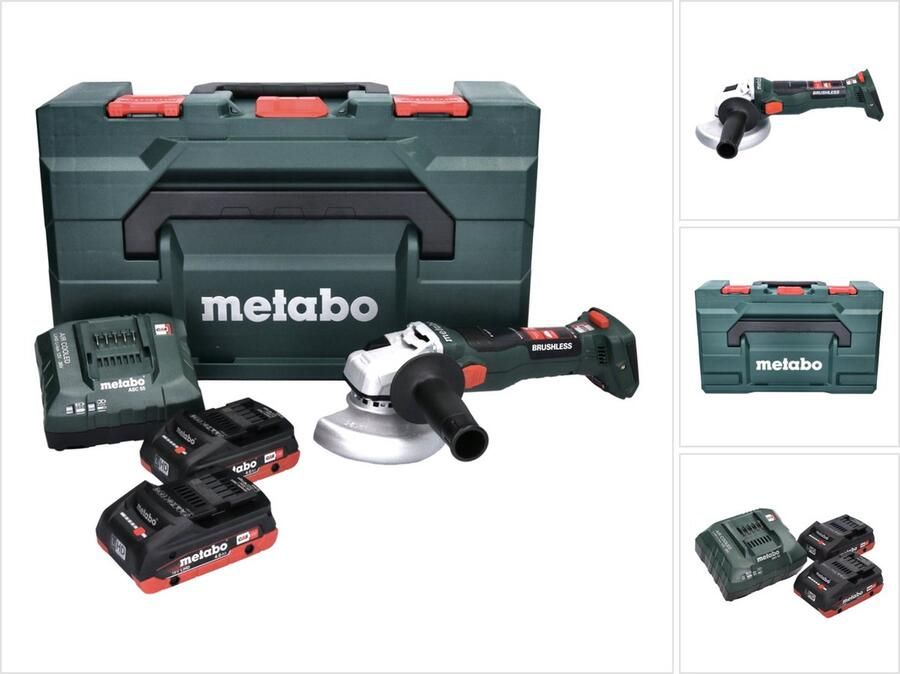 Metabo W 18 LT BL 11-125 accu haakse slijper 18 V 125 mm borstelloos + 2x accu 4.0 Ah + lader + X