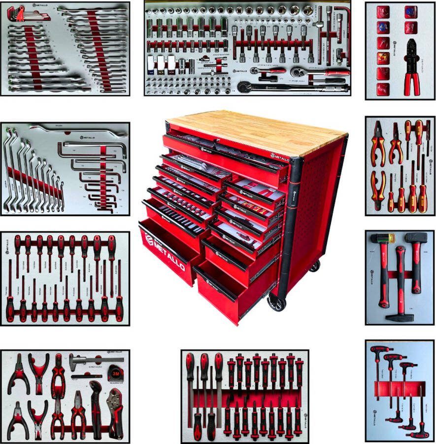 Metallo Jumbo Pro 13 Lades Werkplaatswagen met Houten Werkblad Gereedschapswagen Gereedschapskar Gereedschapskist