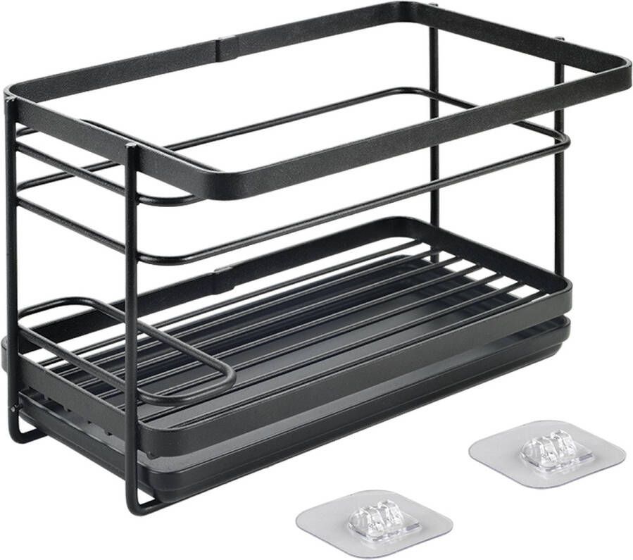 Metaltex Gootsteenorganizer Ophangen zonder boren Plakstrips inbegrepen Voor spons zeep afwasmiddel afwasborstel schoonmaakdoekje Met uitneembaar uitlekbakje Kan ook neergezet worden Zwart 23x13x14 cm