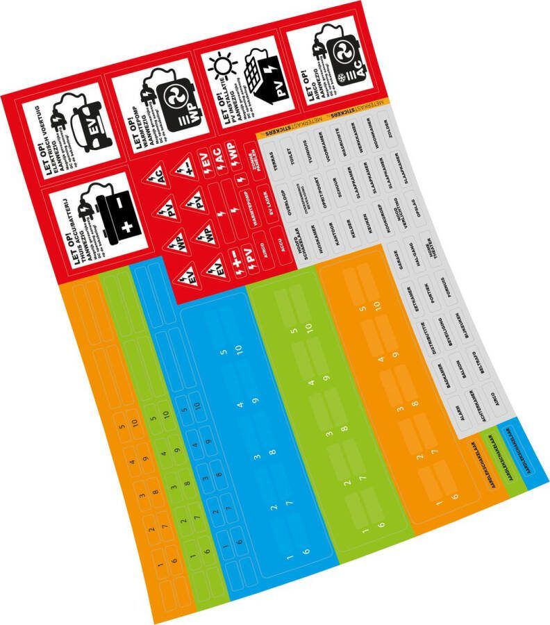 MeterkastStickers.nl Meterkaststickers Vel 119 stickers PV Installatie Warmtepomp Airco EV Accu Batterij Aardlek Zonnepanelen Groepenkast Stoppenkast