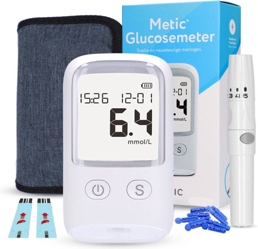 Metic Glucosemeter Startpakket Alles in één set Inclusief GRATIS 25 Teststrips & Lancettes Bloedsuikermeter Bloedglucosemeter Diabetes meter Glucose Revolutie mmol l mg dl