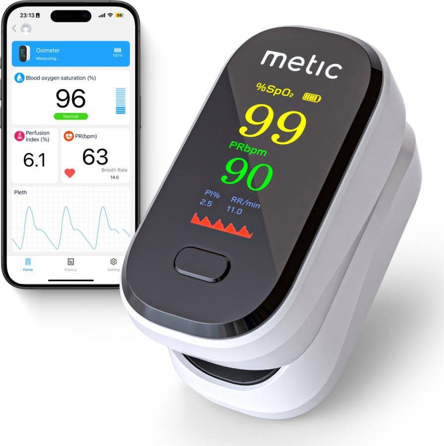 Metic Saturatiemeter Met App Zuurstofmeter Vinger Incl. Batterijen Met Koord Best Getest Oximeter Saturatiemeters