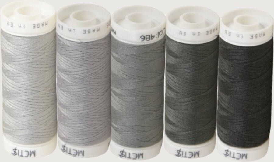 Metis Set van 5 kleuren naaigaren grijs grijze stikzijde voor naaien en naaimachines