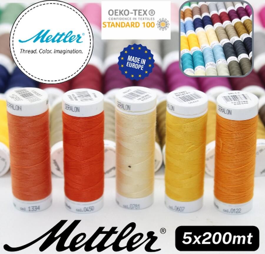 Mettler Set van 5 BOBIJNTJES SERALON GAREN 100 % Polyester Dikte 100 Made in Europe Oekotex MIX H