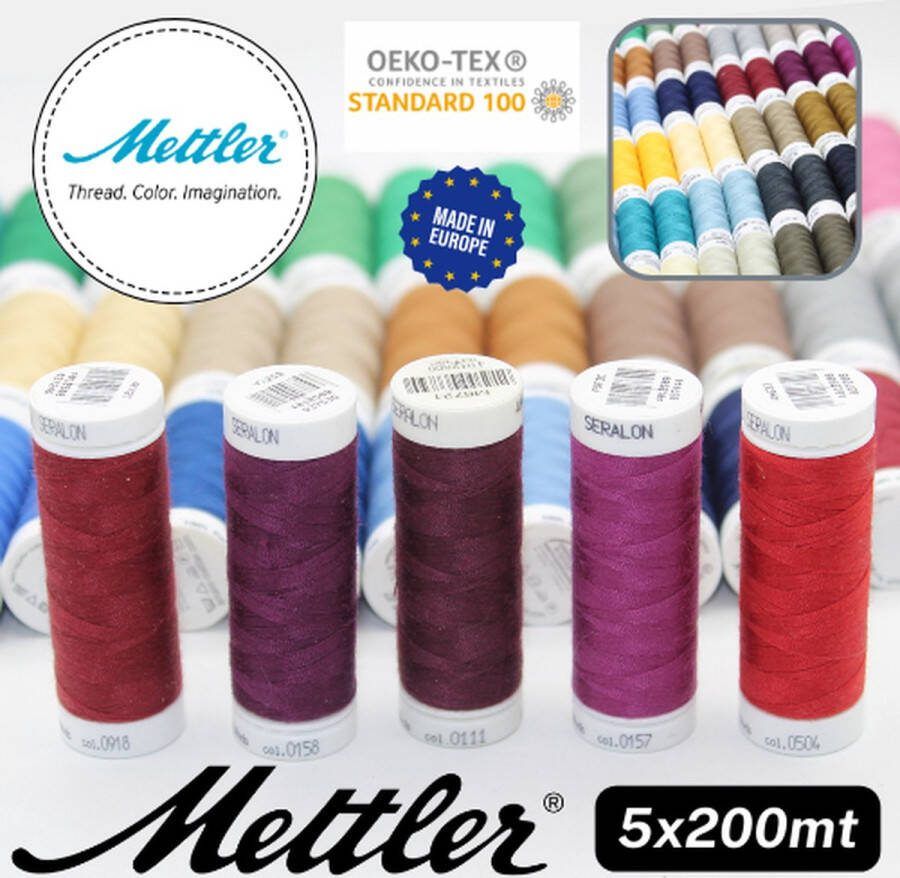 Mettler Set van 5 BOBIJNTJES SERALON GAREN 100 % Polyester Dikte 100 Made in Europe Oekotex MIX F
