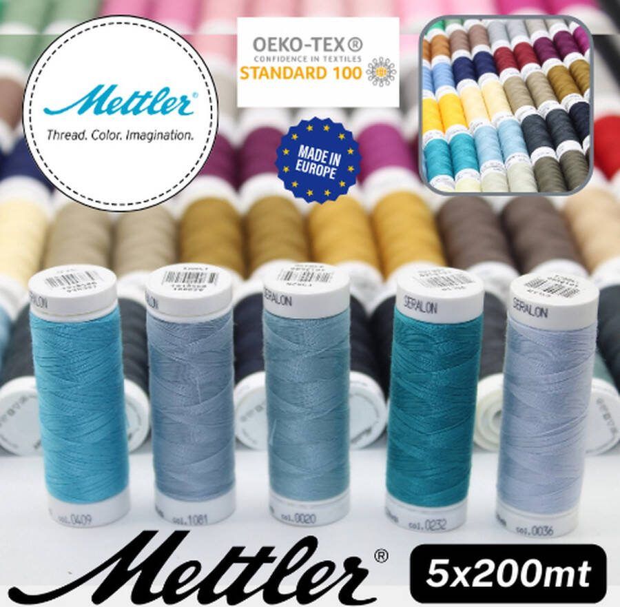 Mettler Set van 5 BOBIJNTJES SERALON GAREN 100 % Polyester Dikte 100 Made in Europe Oekotex MIX J