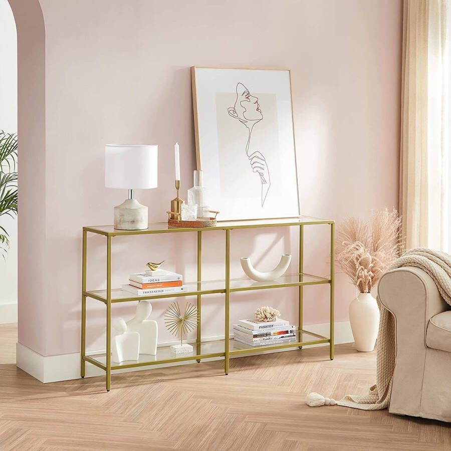 MeubelGigant Consoletafel Haltafel 3 niveaus Bijzettafel Legplanken van gehard glas 130 x 30 x 73 3 cm Metalen frame Modern Goud