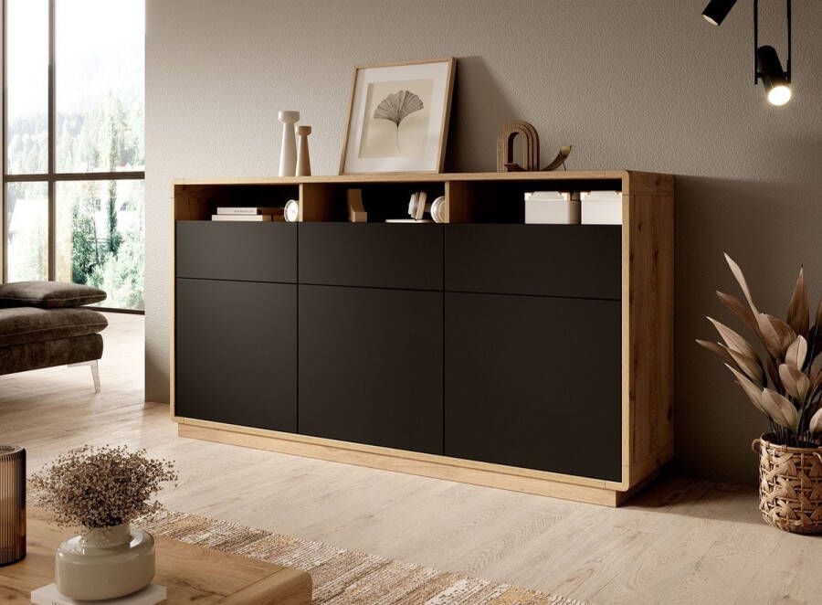 Meubella Dressoir Acuna Mat zwart Eiken 180 cm