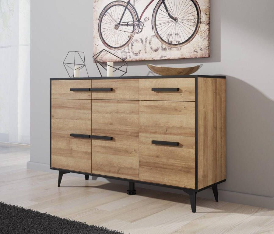 Meubella Dressoir Frey Licht eiken Zwart 135 cm