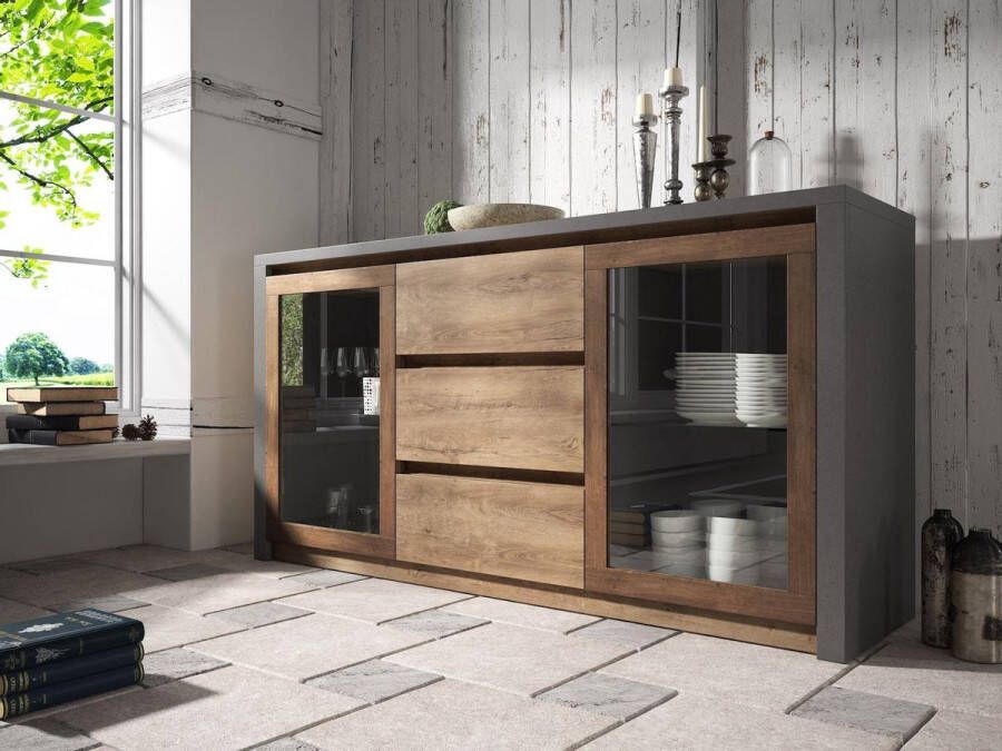 Meubella Dressoir Monaco Eiken Grijs 140 cm Met glas