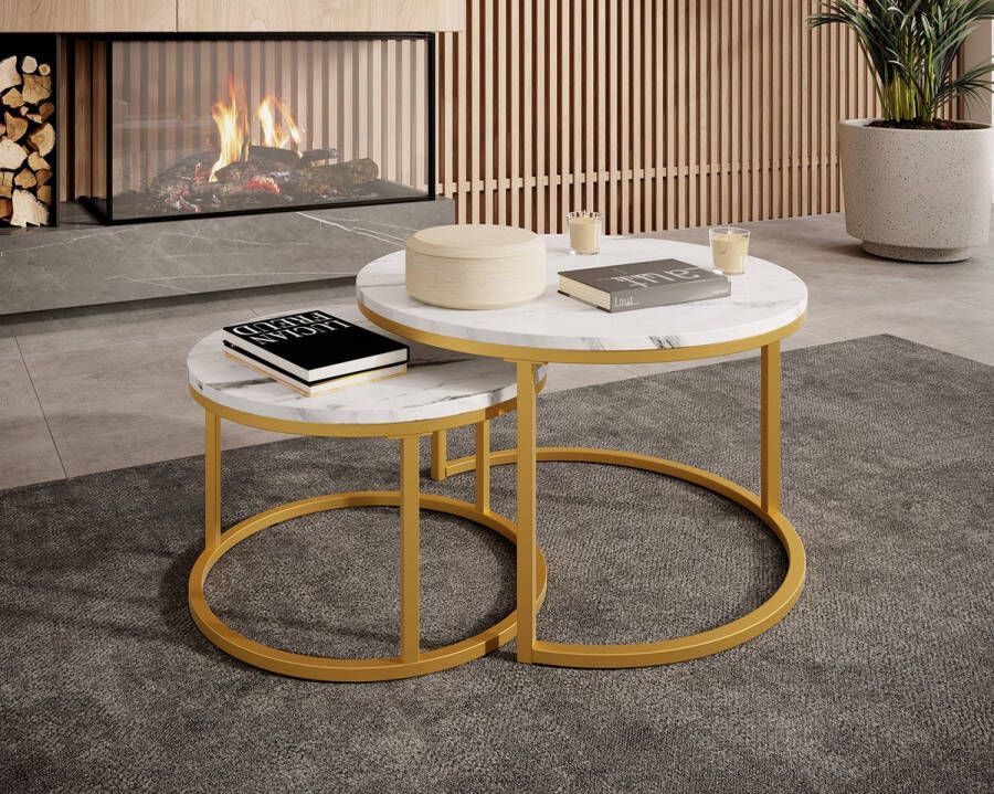 MEUBELLA Salontafel Rica Wit marmerlook Goud Set van 2