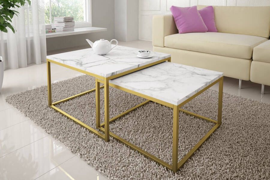 Meubella Salontafel Seville Wit Marmerlook 70 cm set van 2