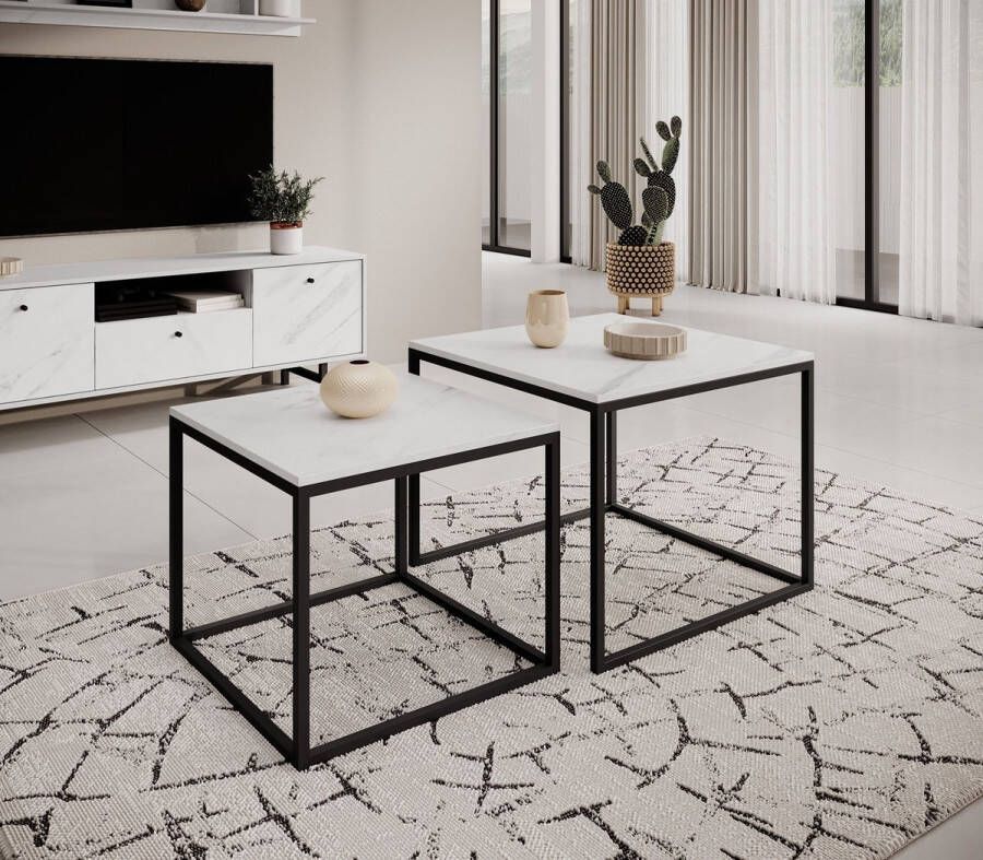 Meubella Salontafel Ventanas Wit Marmerlook Set van 2