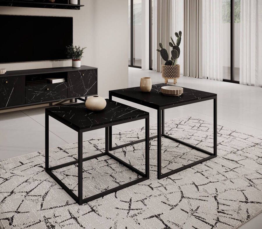 Meubella Salontafel Ventanas Zwart Marmerlook Set van 2