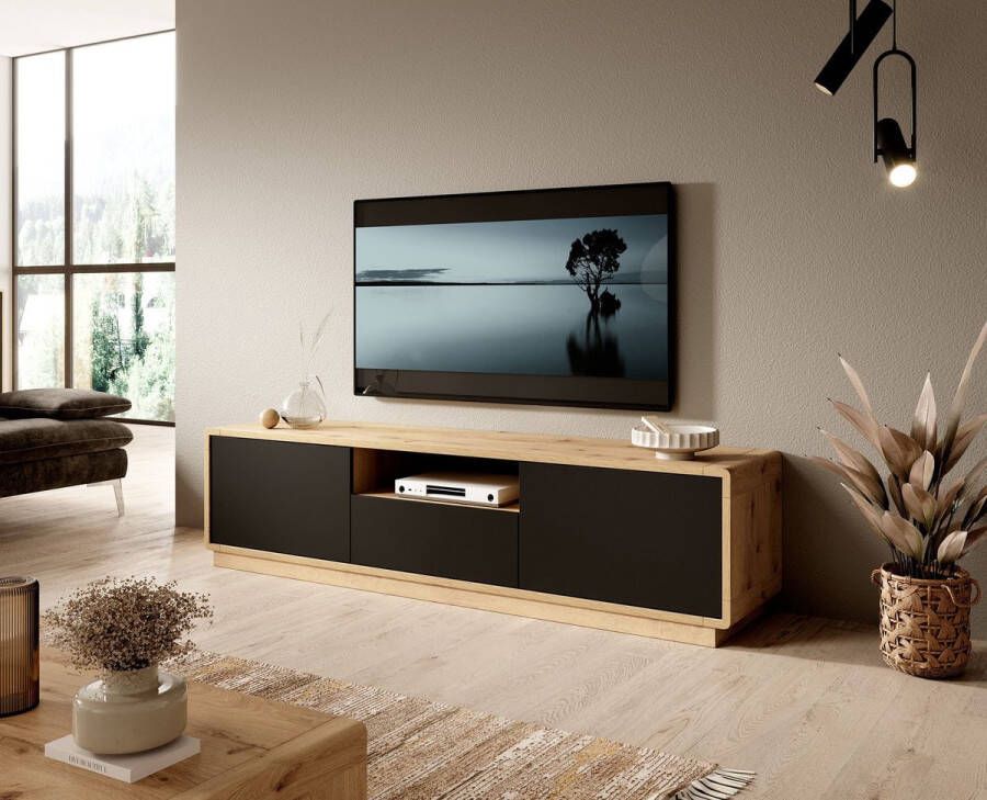MEUBELLA TV-Meubel Acuna Mat zwart Eiken 180 cm