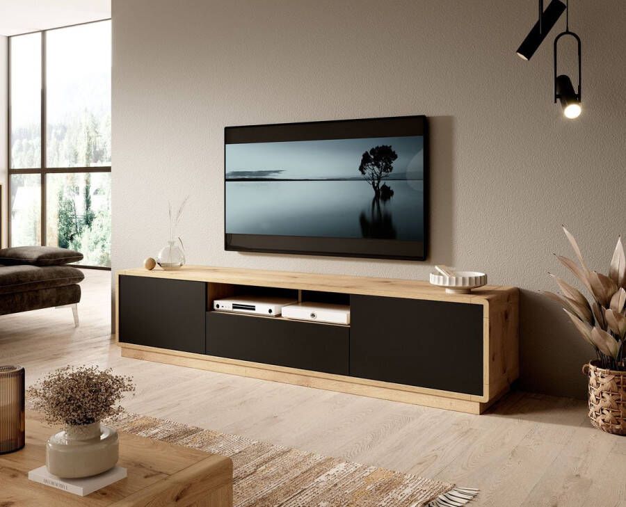 MEUBELLA TV-Meubel Acuna Mat zwart Eiken 200 cm
