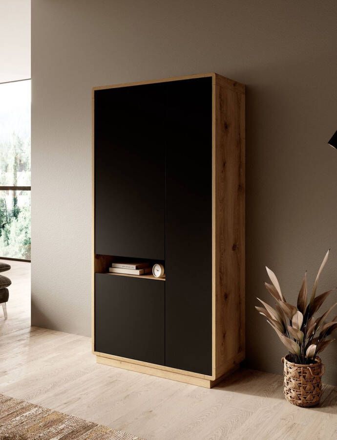 MEUBELLA Vitrinekast Acuna Mat zwart Eiken 92 cm