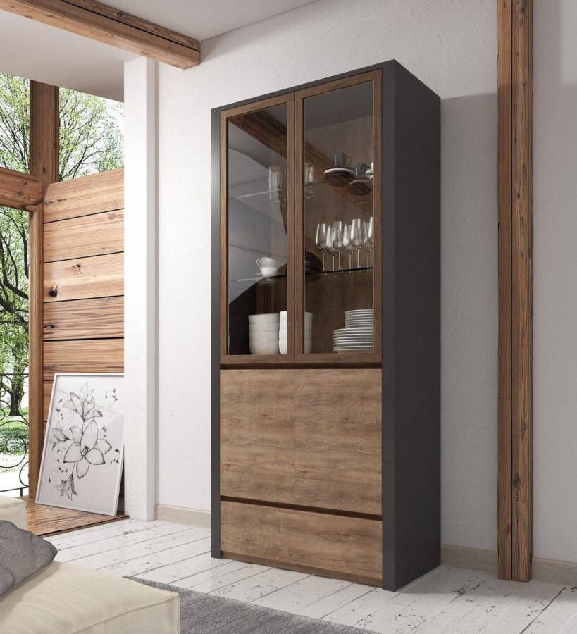 MEUBELLA Vitrinekast Monaco Eiken Grijs 90 cm Met glas