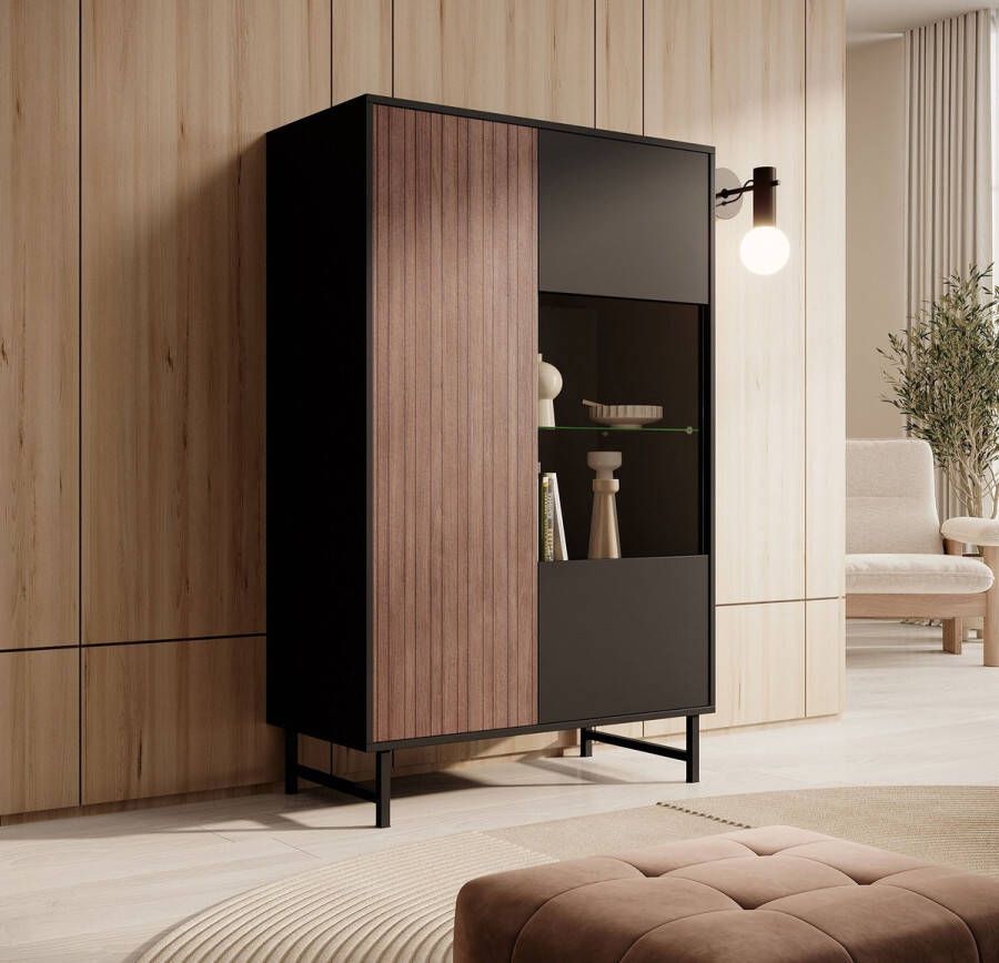 MEUBELLA Vitrinekast Prince Zwart Eiken 90 cm
