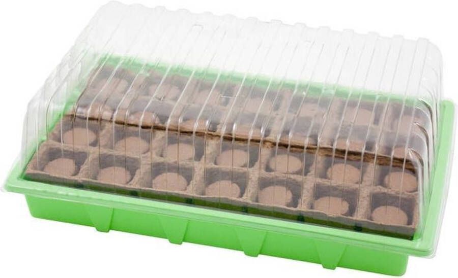 Merkloos Sans marque Kweekbak kweekkastje met deksel 13 x 38 x 24 cm Propagator moestuinbak Inclusief houtvezel tray met 28 kweekpotjes