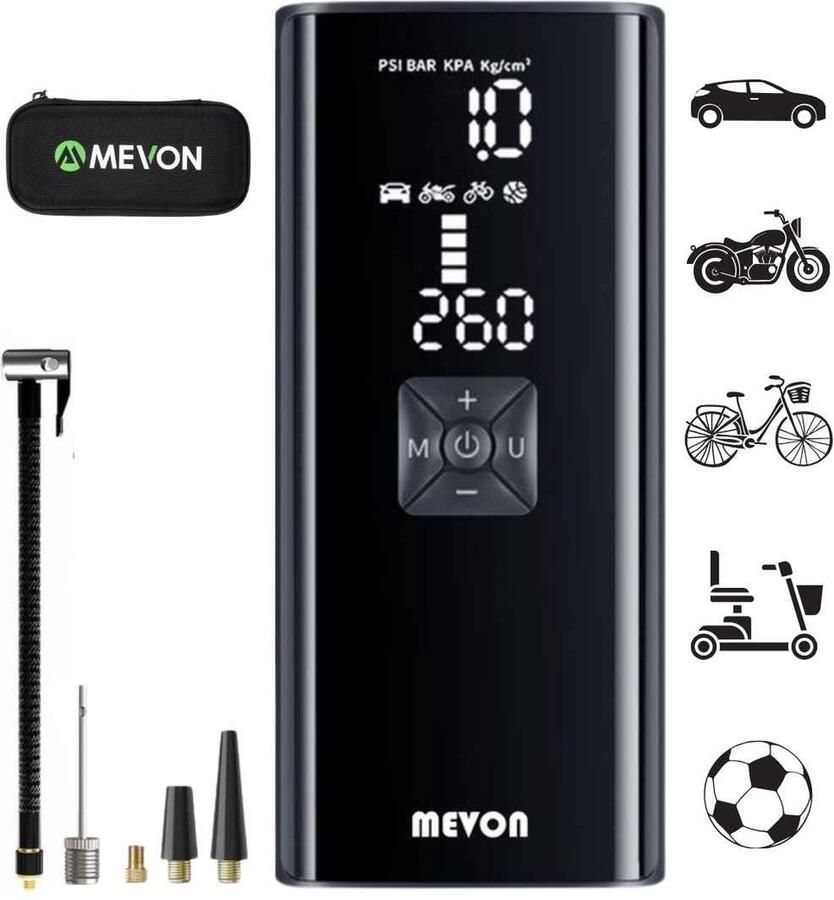 MEVON Airmate MV04 Draagbare Compressor Bandenpomp Luchtcompressor Oplaadbaar Fiets tot Auto Elektrische Fietspomp Incl. Hardcase Beschermhoes en Extra Onderdelen