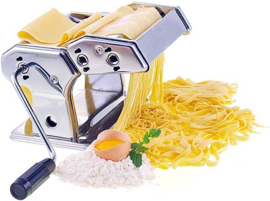 Mezzo Pasta Zelfgemaakte pastamachine 9 instelbare diktes + 1 rol spaghettisnijder + 1 rol tagliatellesnijder lasagne (breedte 150 mm) Verchroomd staal Zilver voor lasagne ravioli spaghetti en tagliatelle Pastamaker Zelfgemaakte pasta