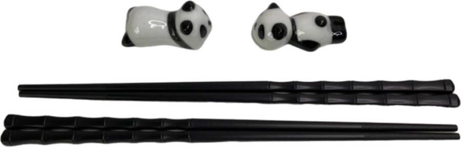 MGM Trading 2-delige herbruikbare glasvezel eetstokjesset met schattige panda keramische houder Traditionele eetstokjes voor Chinees Japans en sushi