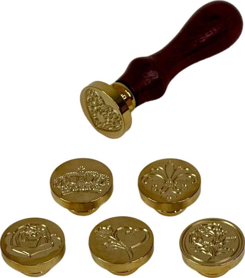MGM Trading 7-delige vintage wax zegel stempel set met verwijderbare koperen handvatten retro verzegelingsstempels met houten handvatten inclusief bloem hart en kroon stempels ideaal voor enveloppen en huwelijksuitnodigingen