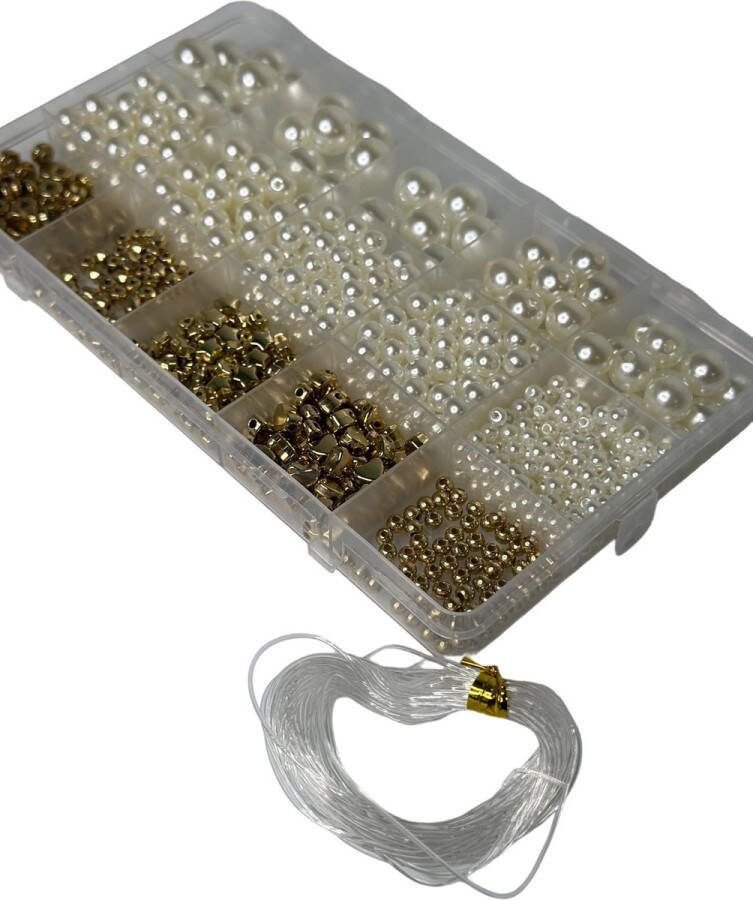 MGM Trading 720 Stuks Witte Ronde Glazen Kralen (4 6 8 10 12mm) met 5 Verschillende Goudkleurige Spacer Kralen voor Sieraden Maken DIY Ambachten Kettingen en Armbanden Perfect Meisjescadeau