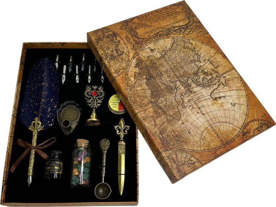 MGM Trading Handgemaakte Dip pen ganzenveer Dip pen handgemaakte antieke vulpen met veer reserve vulpen (inclusief inkt en wax) blauw