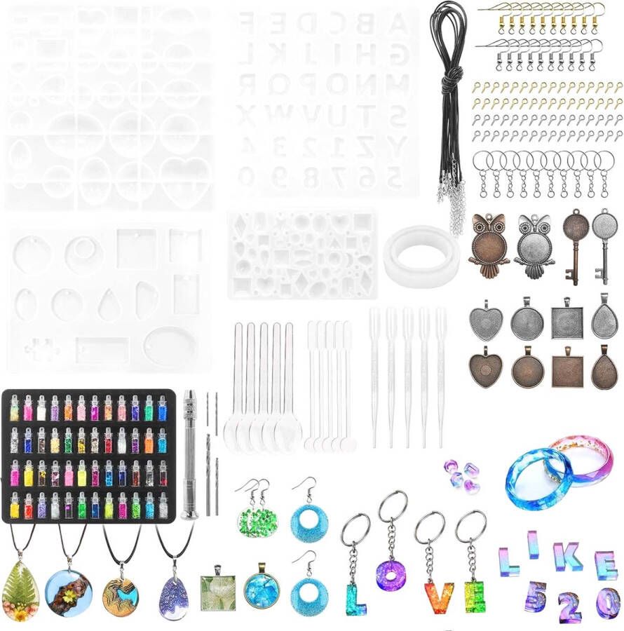 MGM Trading Resin siliconen vorm 163 stuks epoxyhars vormen aantal sieraden kleur accessoires beginners set siliconen voor het maken van sleutelbos huisnummer sieraden hanger halsketting oorbellen DIY