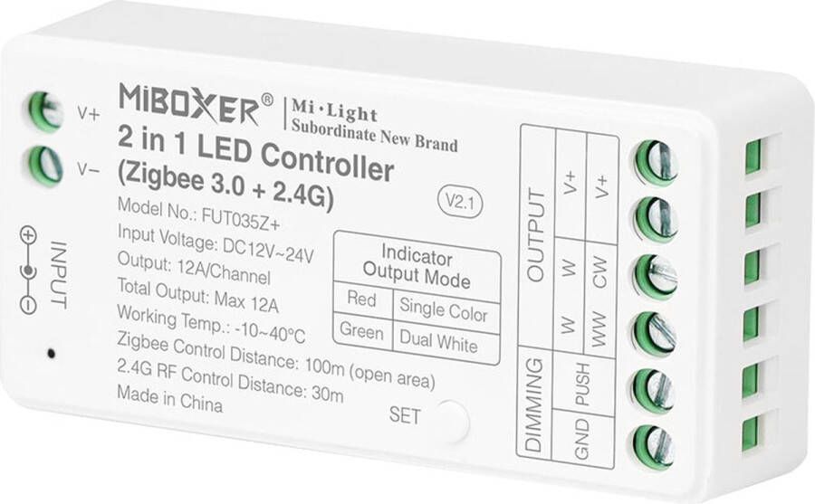 Mi-Light Mi-Boxer (FUT035Z+) 2 in 1 LED controller Single Color + Dual White (Zigbee 3.0 + 2.4GHz) Voor besturing van een SC of CCT WW LED strip Zigbee bediening en of Mi-boxer 2.4GHz afstandsbediening Voedingsadapter niet inbegrepen