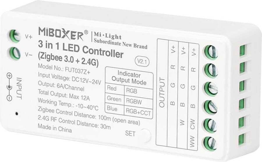 Mi-Light Mi-Boxer (FUT037Z+) 3 in 1 LED controller RGB + RGBW + RGB+CCT (Zigbee 3.0 + 2.4GHz) Voor besturing van een RGB RGBW of RGB+CCT LED strip Zigbee bediening en of Mi-boxer 2.4GHz afstandsbediening Voedingsadapter niet inbegrepen