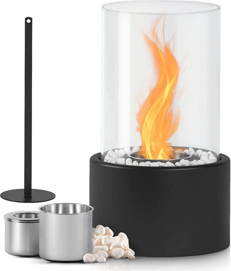 Miadomodo bio ethanol sfeerhaard – Rond tafelhaard – bio ethanol – brander – inclusief stenen 27 x 16 5 x 16 5 cm – glas zwart