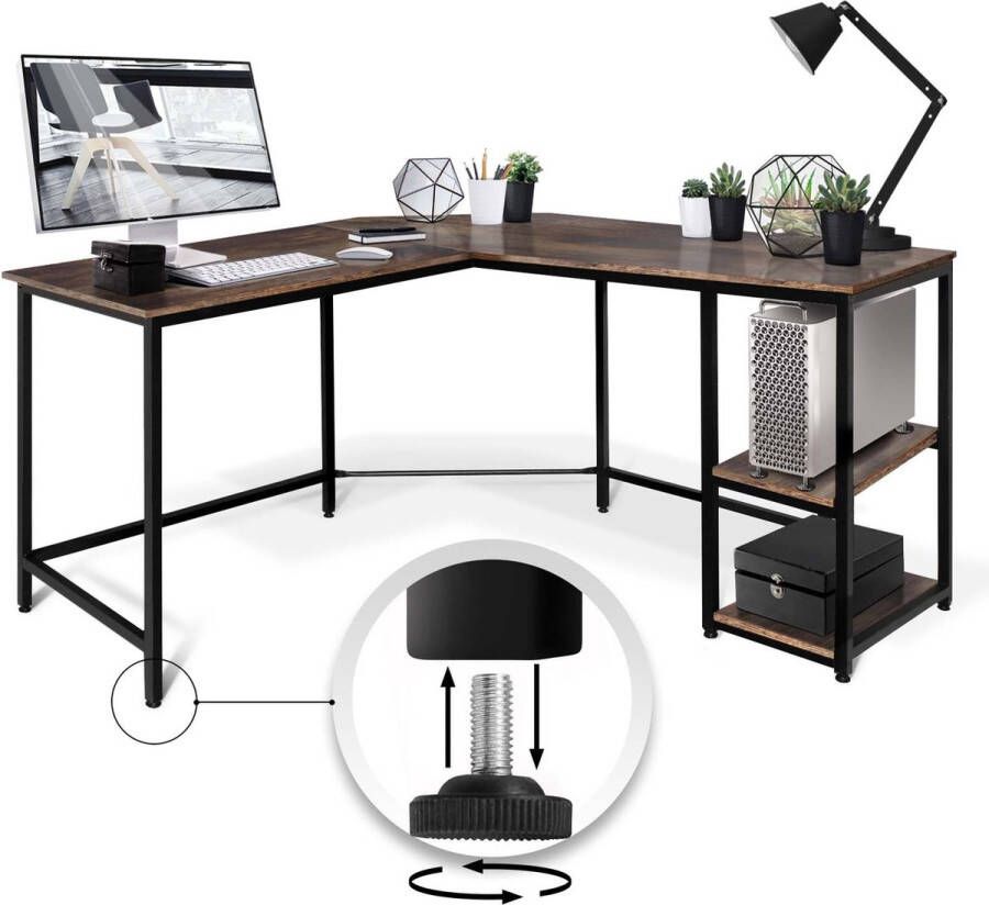 Miadomodo GoodVibes Vintage L-vormig Hoekbureau met 2 planken in Industriële Stijl Kabeldoorvoer In hoogte verstelbaar Metalen Frame Hoekbureau PC-computertafel Perfect voor Thuiskantoor Bruin Zwart