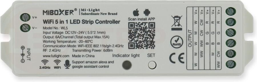 MiBoxer WiFi Controller voor LED Strip 5in1 DC12V-24V 6A WL5