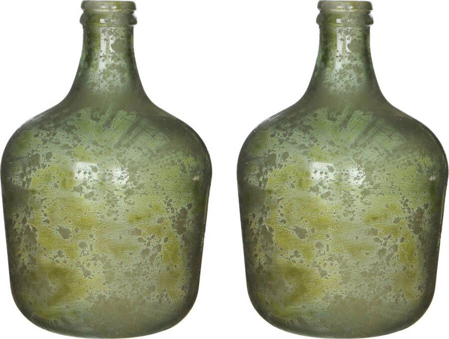 Mica Decorations 2x Groene antieklook fles vaas vazen van glas 27 x 42 cm Diego Woonaccessoires woondecoraties Glazen bloemenvaas Flesvaas flesvazen