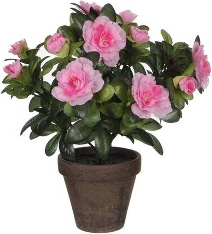 Mica Decorations 2x Groene Azalea kunstplant met roze bloemen 27 cm in pot stan grey Kunstplanten nepplanten
