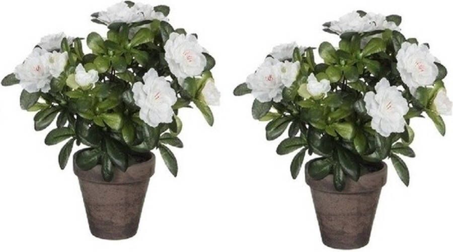 Mica Decorations 2x Groene Azalea kunstplant witte bloemen 27 cm in pot stan grey Kunstplanten nepplanten