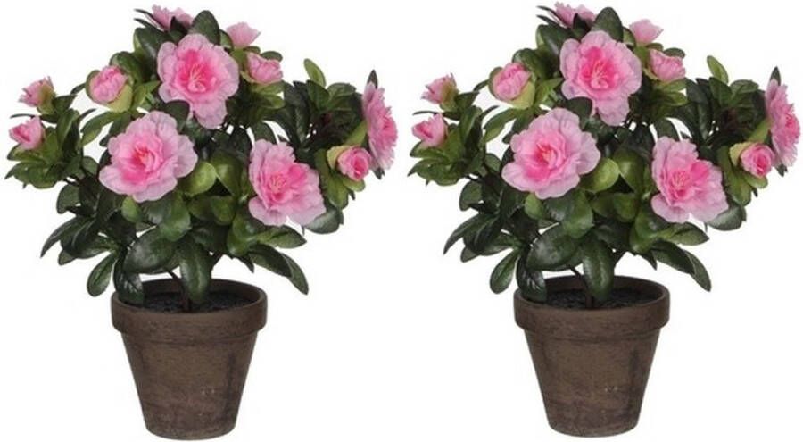 Mica Decorations 2x Groene Azalea kunstplanten met roze bloemen 27 cm in pot stan grey Kunstplanten nepplanten