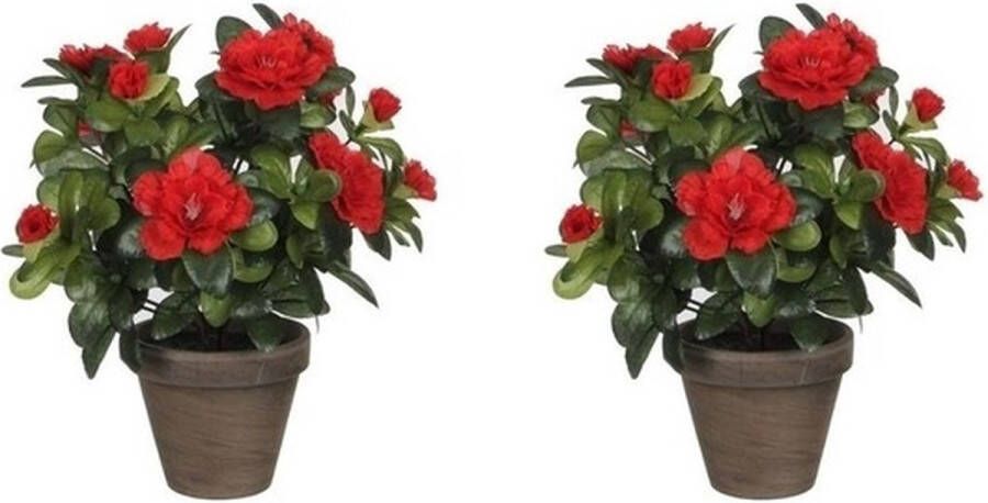 Mica Decorations 2x Groene Azalea kunstplanten rode bloemen 27 cm in pot stan grey Kunstplanten nepplanten