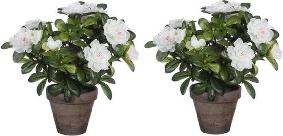 Mica Decorations 2x Groene Azalea kunstplanten witte bloemen 27 cm in pot stan grey Kunstplanten nepplanten