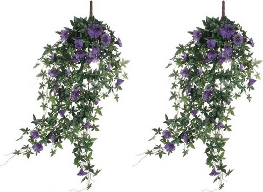 Mica Decorations 2x Groene Petunia kunstplanten met paarse bloemen 80 cm Kunstplanten nepplanten hangplanten