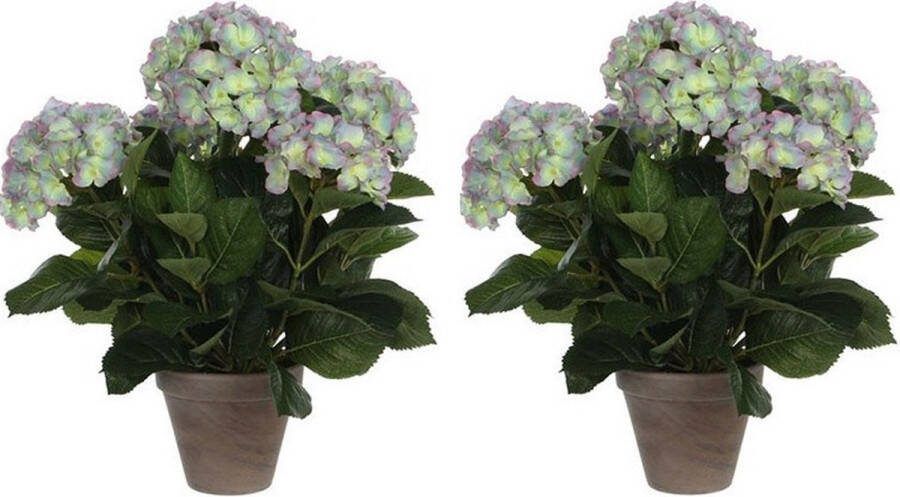 Mica Decorations 2x Groene paarse Hortensia met paarse bloemen kunstplant 45 cm in pot Kunstplanten nepplanten
