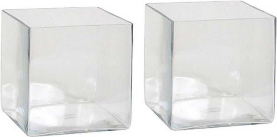 Mica Decorations 2x Lage vierkante vaas transparant glas 20 x 20 x 20 cm Accubak Glazen vazen Woonaccessoires
