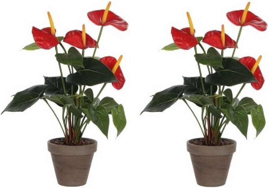 Merkloos Sans marque 2x Rode Anthurium kunstplanten 40 cm in grijze plastic pot Kunstplanten nepplanten